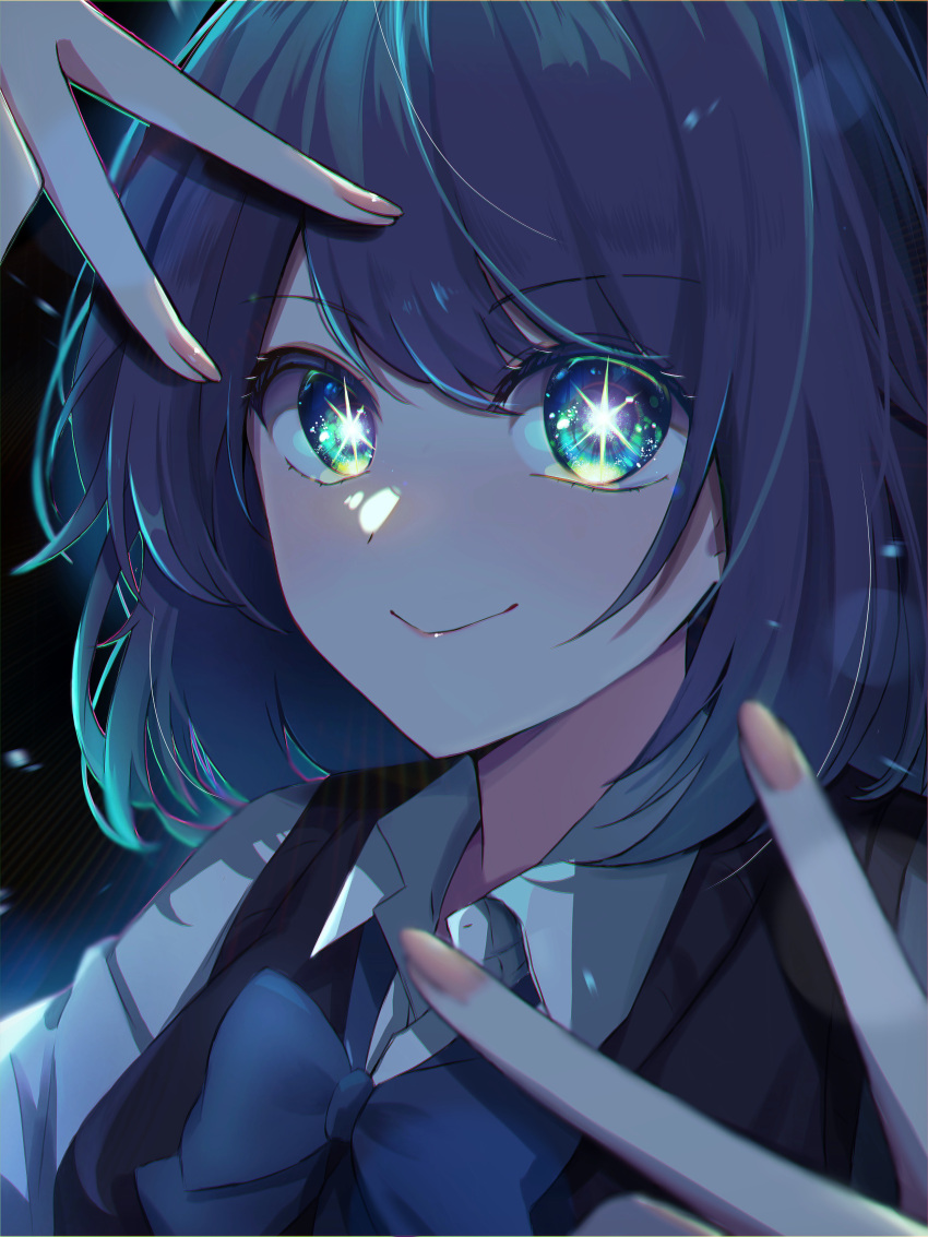 1girl, absurdres, aqua_eyes, black_sweater_vest, blue_bow, blue_bowtie, blue_eyes, blue_hair