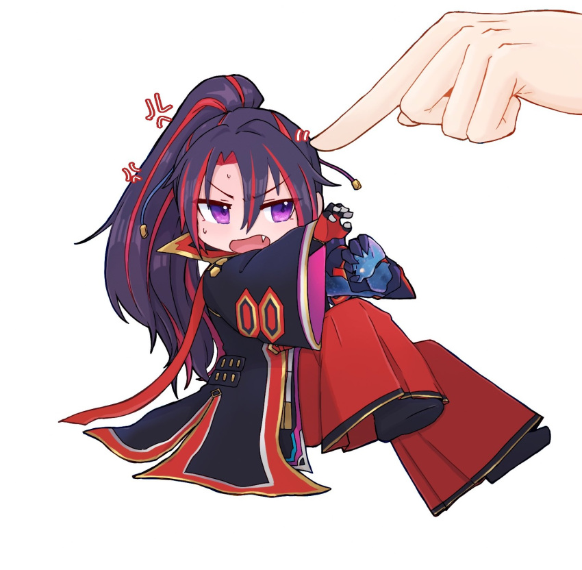1boy, 1other, anger_vein, asymmetrical_gloves, bell-bottoms, black_hair, chibi, disembodied_limb
