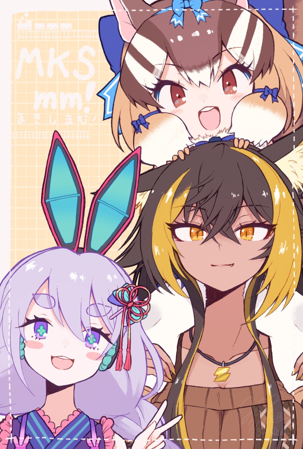 3girls, animal_ears, blonde_hair, brown_hair, extra_ears, hair_ornament, highres, indie_virtual_youtuber, kemono_friends, kemono_friends_v_project, kitsunetsuki_itsuki, long_hair, looking_at_viewer, matchyama_matchka, multicolored_hair, multiple_girls, nekoyo_chloe, purple_hair, ribbon, short_hair, siberian_chipmunk_(kemono_friends), simple_background, smile, two-tone_hair, violet_eyes, virtual_youtuber, yellow_eyes