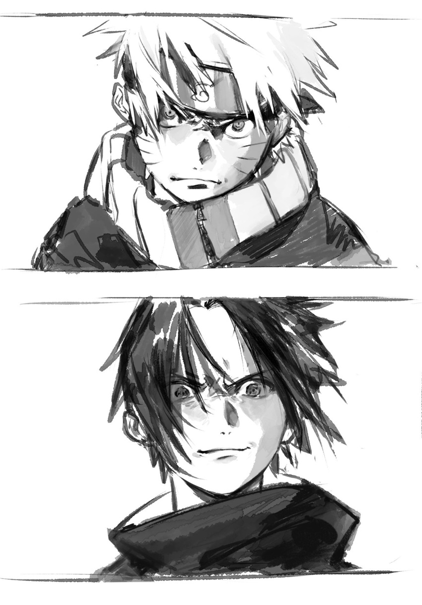 2boys, facial_mark, floating_hair, forehead_protector, frown, glaring, greyscale, high_collar