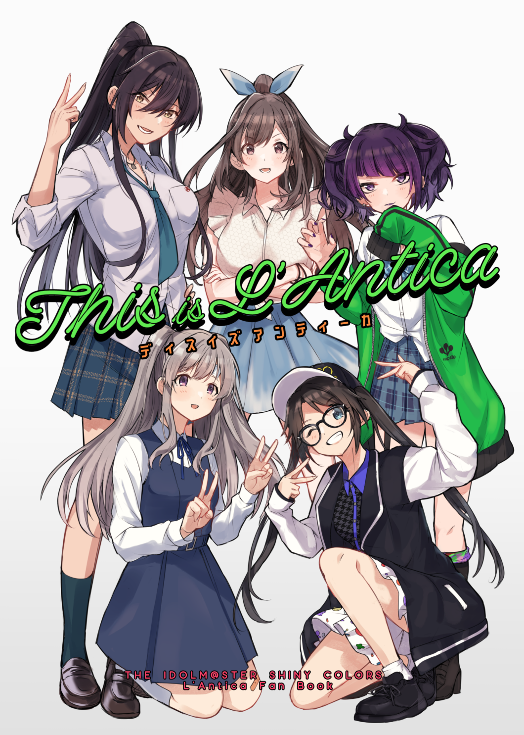 5girls, blush, breasts, claw_pose, cover, cover_page, double_v, doujin_cover