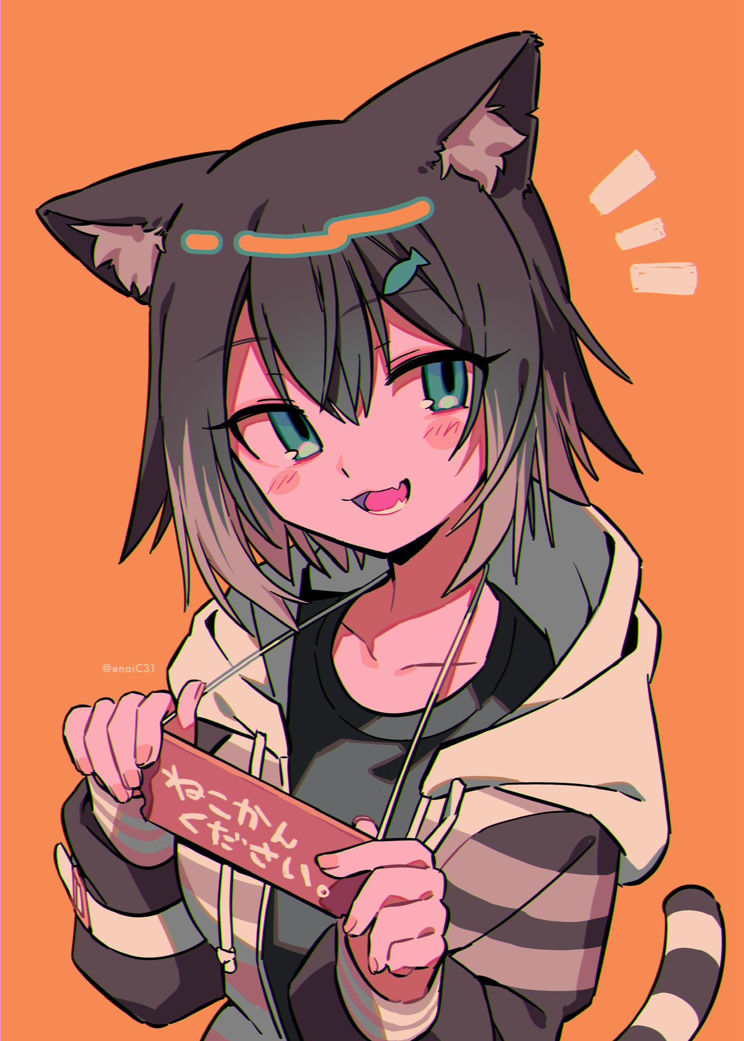 1girl, animal_ear_fluff, animal_ears, black_shirt, blue_eyes, blush_stickers, brown_hair, cat_ears
