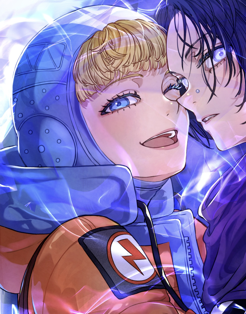 2girls, animification, apex_legends, black_hair, blonde_hair, blue_bodysuit, blue_eyes, blush