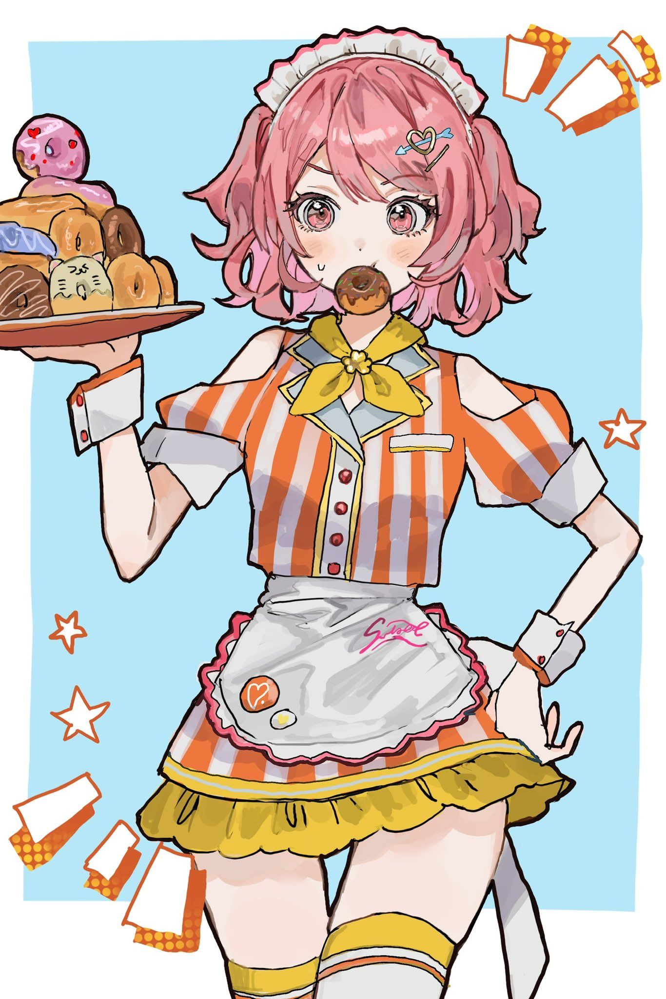1girl, apron, blush, doughnut, employee_uniform, fast_food_uniform, food, food_in_mouth, half_updo, hand_on_own_hip, highres, holding, holding_tray, inu_totemo, maid_headdress, medium_hair, momoi_airi, pink_eyes, pink_hair, project_sekai, red_shirt, red_skirt, shirt, short_sleeves, skirt, solo, striped, striped_shirt, striped_skirt, thigh-highs, tray, twintails, uniform, white_shirt, white_skirt, white_thighhighs