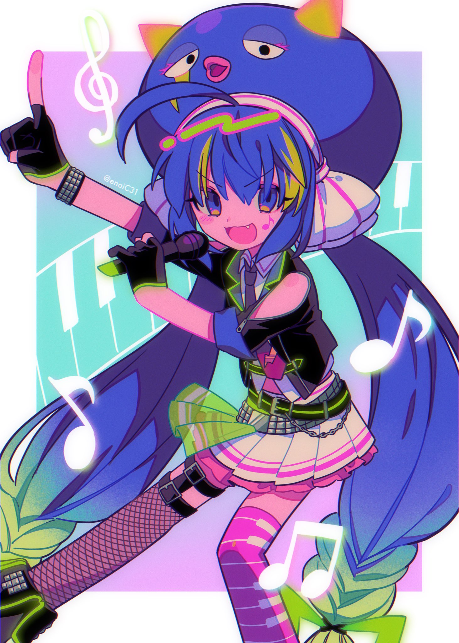 1girl, :3, ahoge, aqua_background, arm_up, asymmetrical_legwear, beamed_eighth_notes, belt