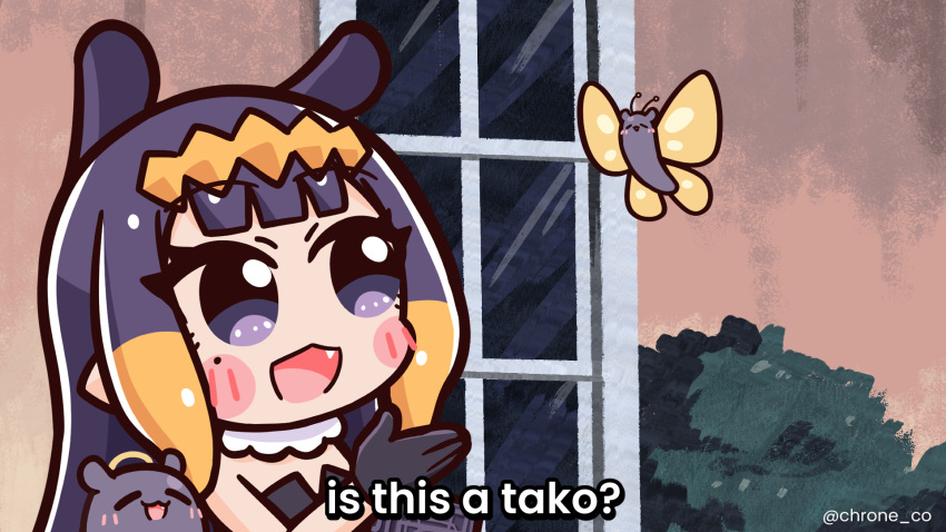 1girl, 1other, artist_name, black_gloves, blush_stickers, bug, bush, butterfly