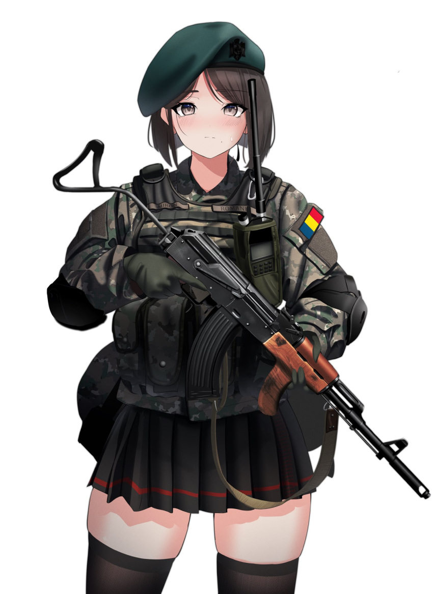 1girl, beret, black_skirt, black_thighhighs, brown_eyes, brown_hair, camouflage, camouflage_jacket