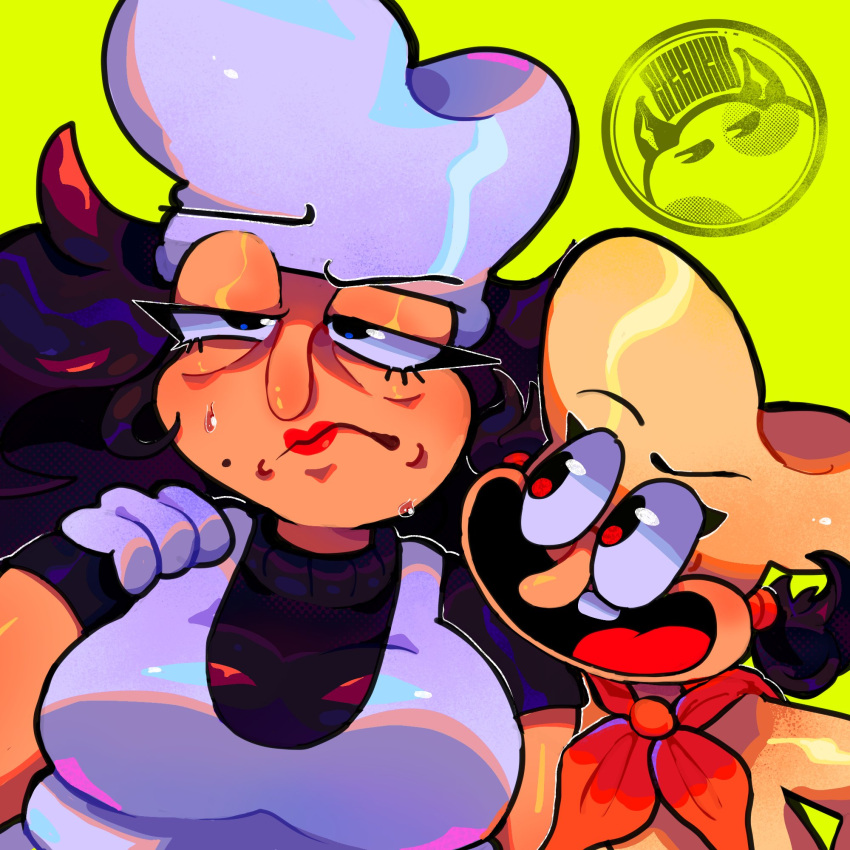 2girls, artist_logo, bekkorw, black_hair, chef_hat, genderswap, genderswap_(mtf), gloves