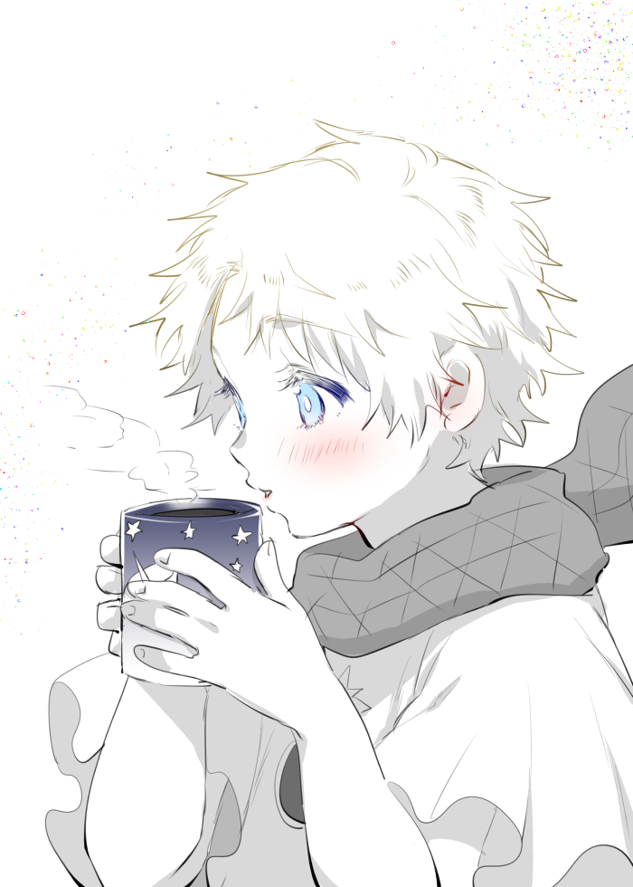 1boy, blowing, blue_eyes, blush, bright_pupils, coffee_mug, cup, eyelashes