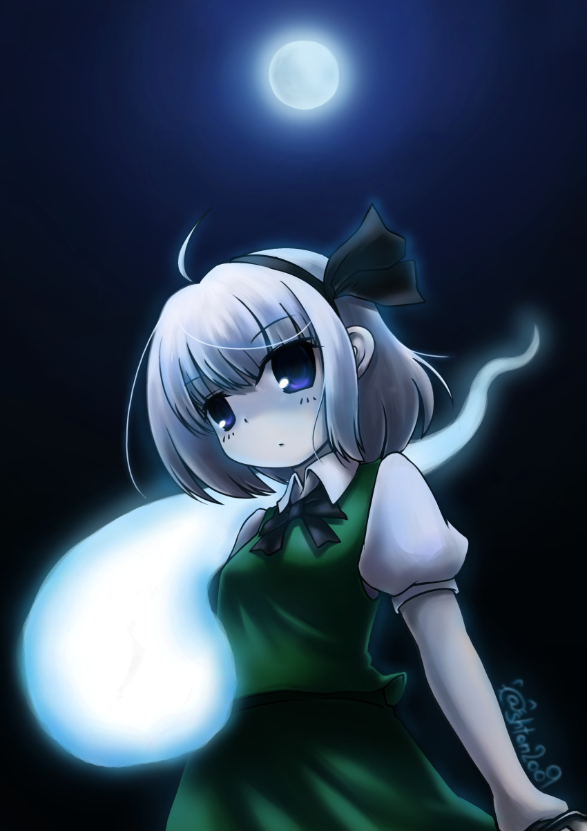 @shton, blue_eyes, dress, full_moon, ghost, grey_hair, hair_ribbon, hairband, highres, konpaku_youmu, konpaku_youmu_(ghost), moon, myon, night, ribbon, short_hair, solo, sword, touhou, weapon