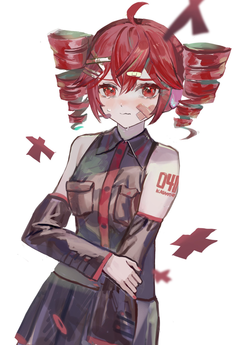 1girl, absurdres, ahoge, bandaid, bandaid_hair_ornament, bandaid_on_cheek, bandaid_on_face, black_shirt