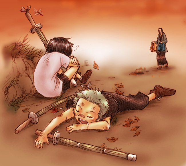1girl, 2boys, aged_down, bandaid, bandaid_on_face, black_hair, bokken, closed_eyes
