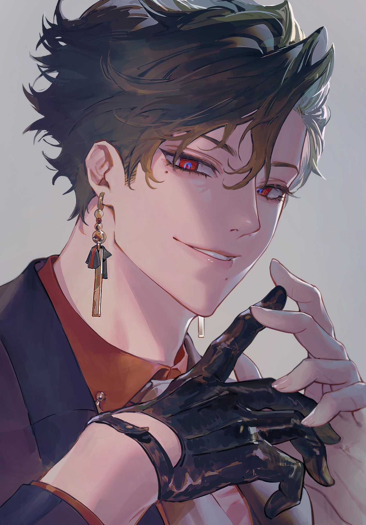 1boy, black_gloves, black_hair, black_jacket, blue_pupils, brown_hair, chohyojeong, collared_shirt