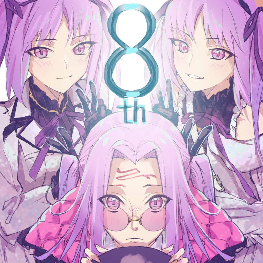 3girls, alternate_hairstyle, anniversary, blush, closed_mouth, commentary_request, double_v, euryale_(fate), fate/grand_order, fate_(series), forehead, forehead_tattoo, highres, jacket, koimizu, long_hair, looking_at_viewer, medusa_(fate), medusa_(saber)_(fate), multiple_girls, official_alternate_costume, pink-tinted_eyewear, purple_hair, round_eyewear, siblings, sisters, smile, stheno_(fate), sunglasses, symbol-shaped_pupils, tattoo, tinted_eyewear, twins, twintails, v, violet_eyes, white_jacket