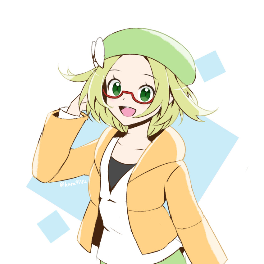 1girl, bianca_(pokemon), blonde_hair, collarbone, glasses, green_eyes, green_headwear, hand_in_own_hair