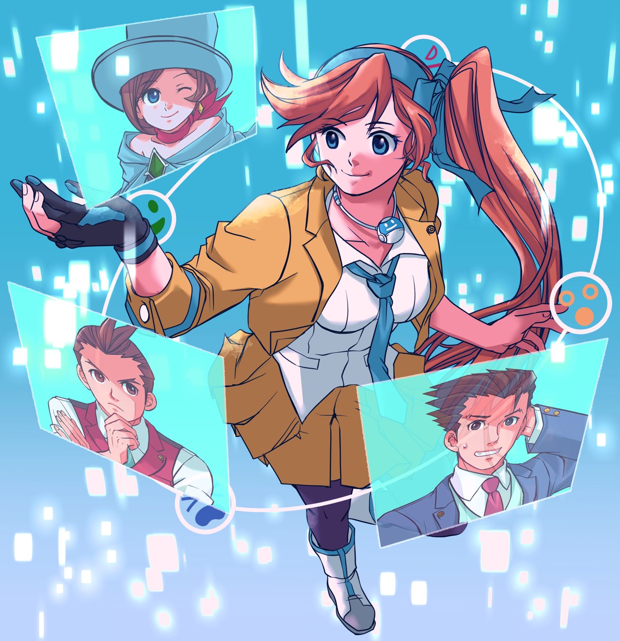 2boys, 2girls, ace_attorney, antenna_hair, apollo_justice, athena_cykes, bare_shoulders, blue_bow