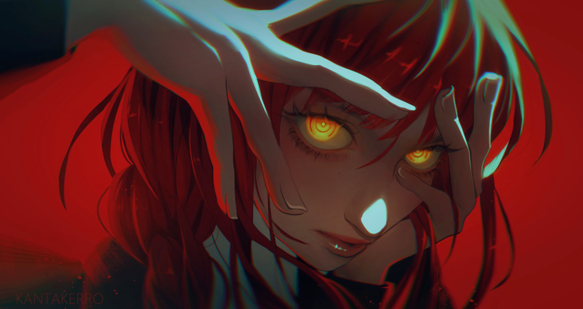 1girl, artist_name, braid, braided_ponytail, chainsaw_man, closed_mouth, commentary, eyelashes, hair_between_eyes, hair_over_shoulder, hand_in_own_hair, hands_on_own_head, highres, kantakerro, light_particles, lips, looking_at_viewer, makima_(chainsaw_man), messy_hair, portrait, red_background, red_theme, redhead, ringed_eyes, simple_background, solo, suit, yellow_eyes