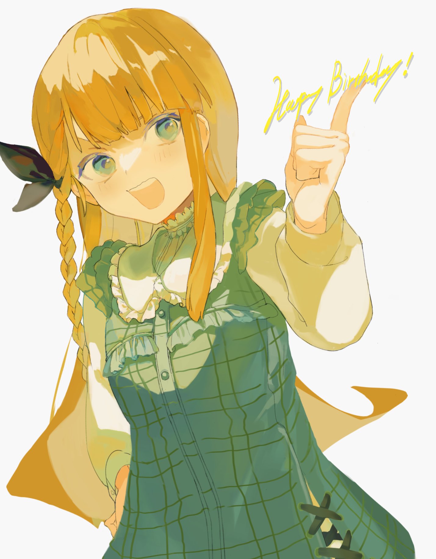 1girl, :d, bawa_(thankyousushi), black_bow, blonde_hair, blue_dress, blue_eyes, blunt_bangs
