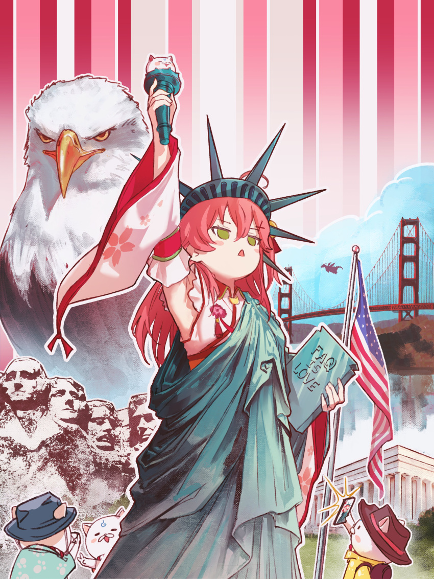 1girl, 35p_(sakura_miko), 3others, absurdres, american_flag, bald_eagle, bird, cat