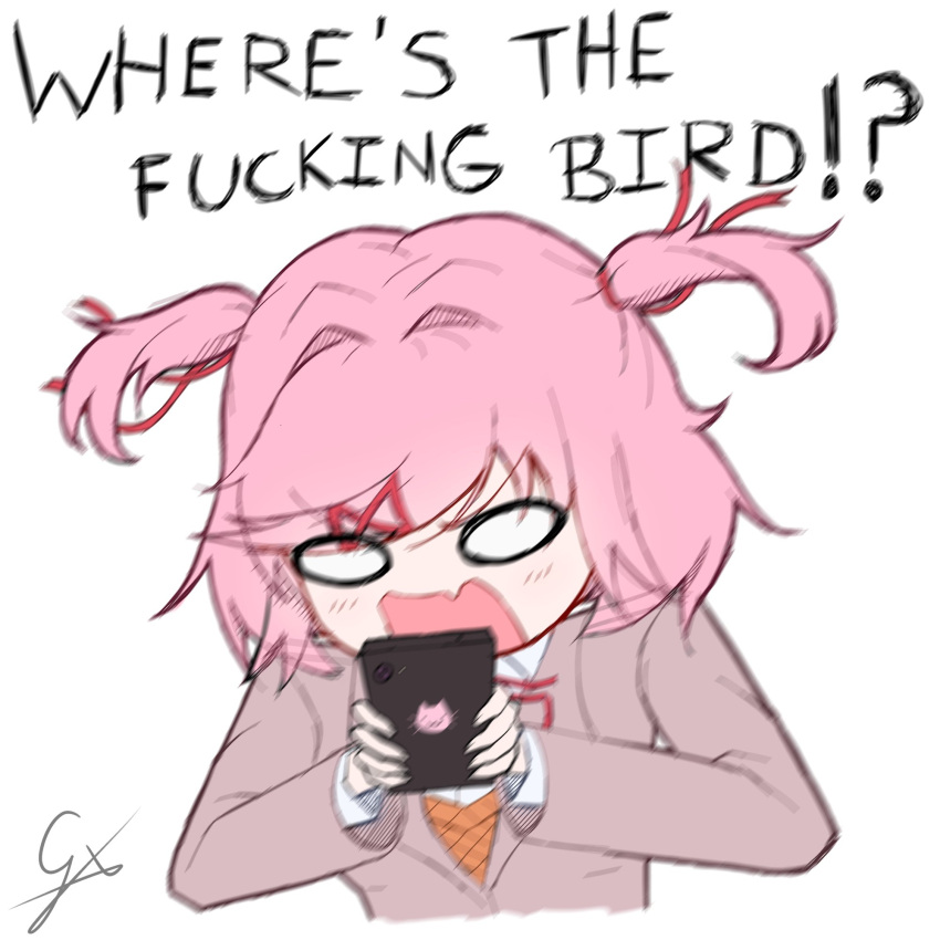 1girl, blank_eyes, cellphone, commentary, cropped_torso, doki_doki_literature_club, english_commentary, english_text