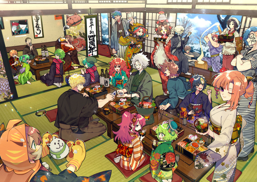 6+boys, 6+girls, :d, ;), ^_^, absurdres, ahoge, alcohol