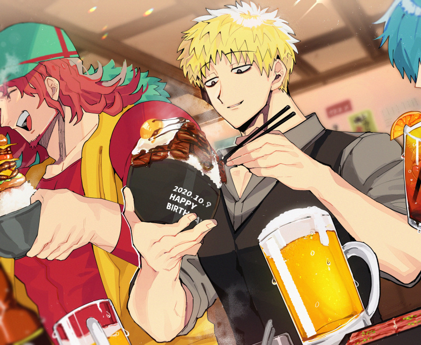 3boys, :d, ^_^, absurdres, alcohol, baseball_cap, beard, beer