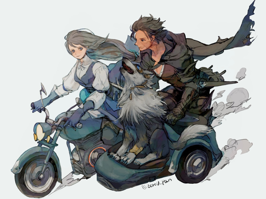 1boy, 1girl, animal, armor, armored_gloves, black_armor, black_cape, black_hair, blue_eyes, cape, clive_rosfield, cloak, couple, eye_contact, final_fantasy, final_fantasy_xvi, floating_cape, floating_hair, gloves, grey_hair, helmet, highres, hood, hooded_cloak, jill_warrick, looking_at_another, motor_vehicle, on_motorcycle, puffy_sleeves, simple_background, torgal_(ff16), wind, wind_lift, wolf, zerou_pan