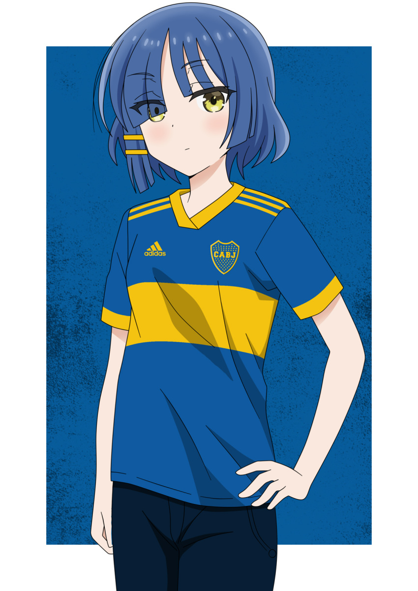 1girl, asymmetrical_bangs, blue_hair, blue_pants, blue_shirt, bocchi_the_rock!, club_atletico_boca_juniors, eyes_visible_through_hair