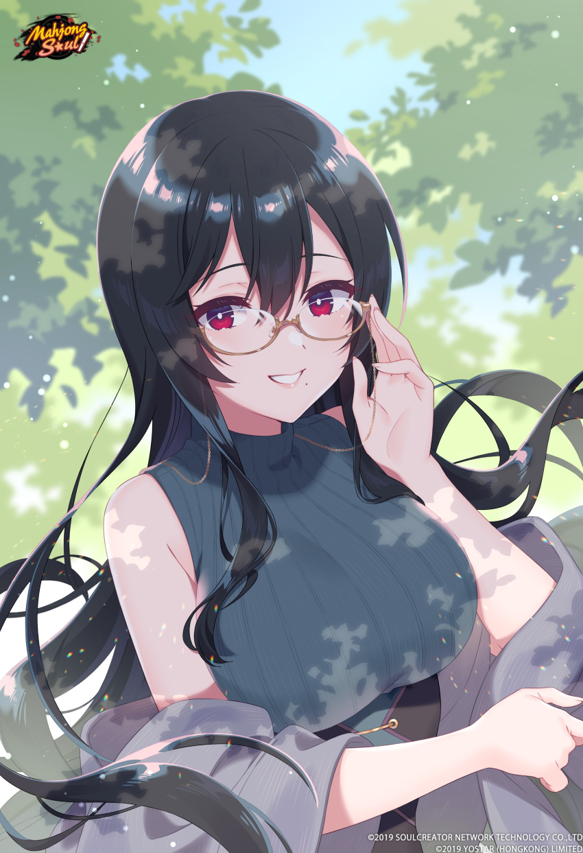 1girl, absurdres, adjusting_eyewear, black_hair, breasts, commentary, copyright_name, english_commentary
