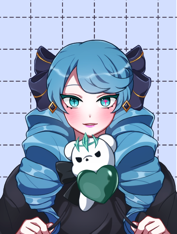 1girl, black_bow, black_dress, bow, crown, dress, drill_hair, green_eyes, green_hair, green_heart, grey_background, hair_bow, hands_up, heart, iro_(chocot4rt), league_of_legends, looking_at_viewer, pink_lips, ruined_(league_of_legends), smile, solo, stuffed_animal, stuffed_toy, teddy_bear, teeth, twin_drills, twintails, upper_body