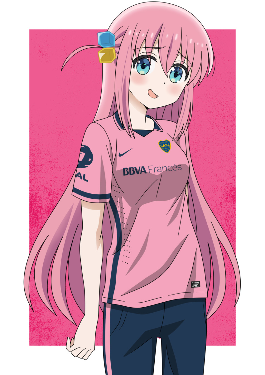 1girl, blue_eyes, blush, bocchi_the_rock!, club_atletico_boca_juniors, cube_hair_ornament, gotoh_hitori, hair_between_eyes