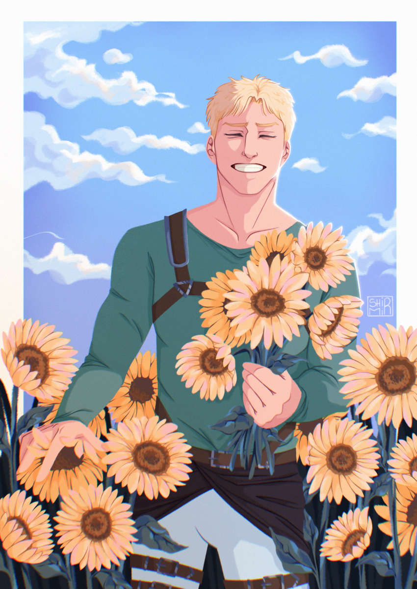 1boy, absurdres, belt, blonde_hair, feet_out_of_frame, flower, grin, happy_birthday