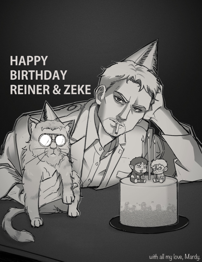 1boy, absurdres, animal, animalization, armored_titan, beast_titan, birthday, blonde_hair, cat, character_cake, cigarette, clothed_animal, glasses, greyscale, highres, holding, holding_animal, looking_at_viewer, looupvote:any, male_focus, mardvbum, monochrome, reiner_braun, shingeki_no_kyojin, short_hair, table, titan_(shingeki_no_kyojin), zeke_yeager