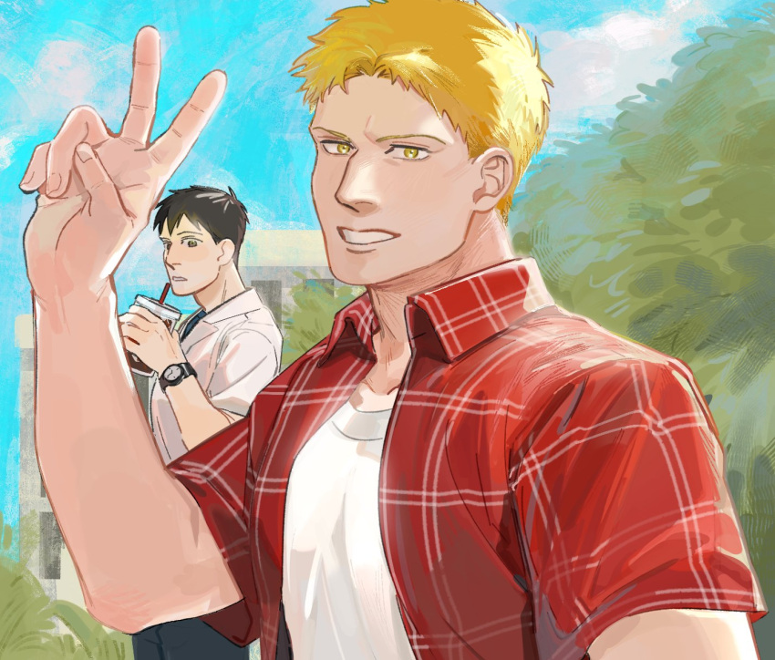 0oizuo0, 2boys, bertolt_hoover, blonde_hair, blush, collared_shirt, drinking, highres