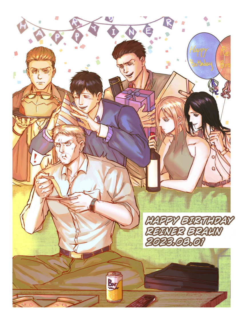 !, 2girls, 4boys, annie_leonhardt, armored_titan, balloon, bertolt_hoover, birthday_cake