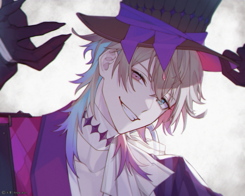 1boy, black_gloves, blue_eyes, clown, copyright_name, gavis_bettel, gloves, grey_hair, grin, hair_between_eyes, hand_up, hat, heterochromia, highres, hnzw_kun, holding, holding_clothes, holding_hat, holostars, holostars_english, holotempus, looking_at_viewer, male_focus, multicolored_hair, pink_eyes, pink_hair, purple_ribbon, ribbon, smile, solo, teeth, top_hat, upper_body, virtual_youtuber, white_background, white_hair