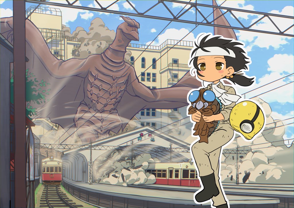 1girl, animal, black_footwear, bug, building, debris, destruction, dust, floating_hair, godzilla_(series), holding, holding_animal, kaai_yuki, kaijuu, kyoufuu_all_back_(vocaloid), monster, mothra, perori_(peroringa), rodan, solo, tokusatsu, train, train_station, wings