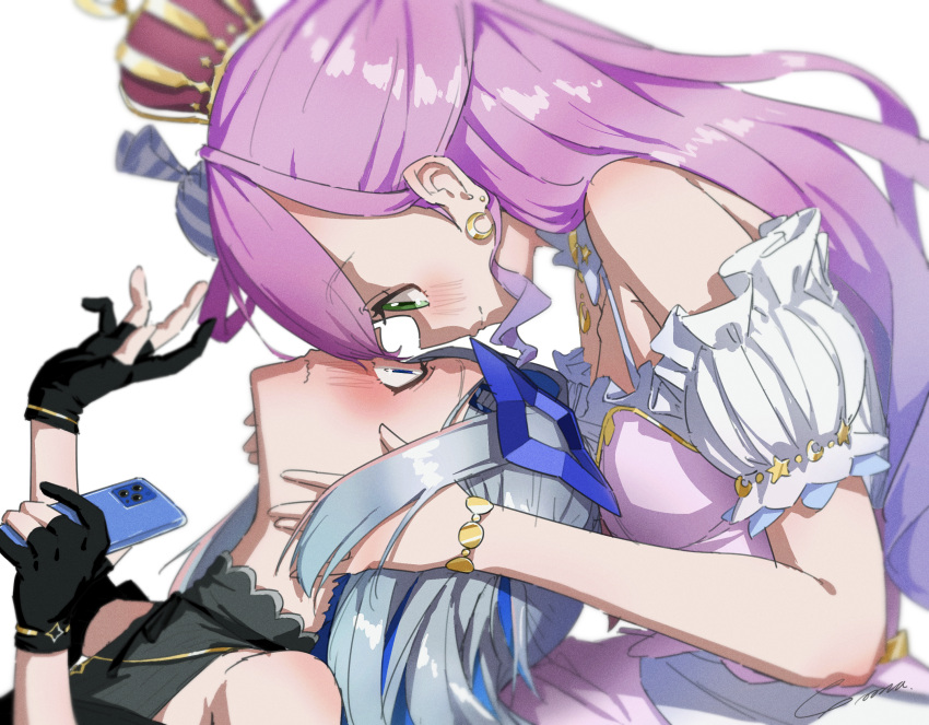 2girls, amane_kanata, amane_kanata_(3rd_costume), bare_shoulders, black_gloves, black_shirt, blue_eyes, blue_hair