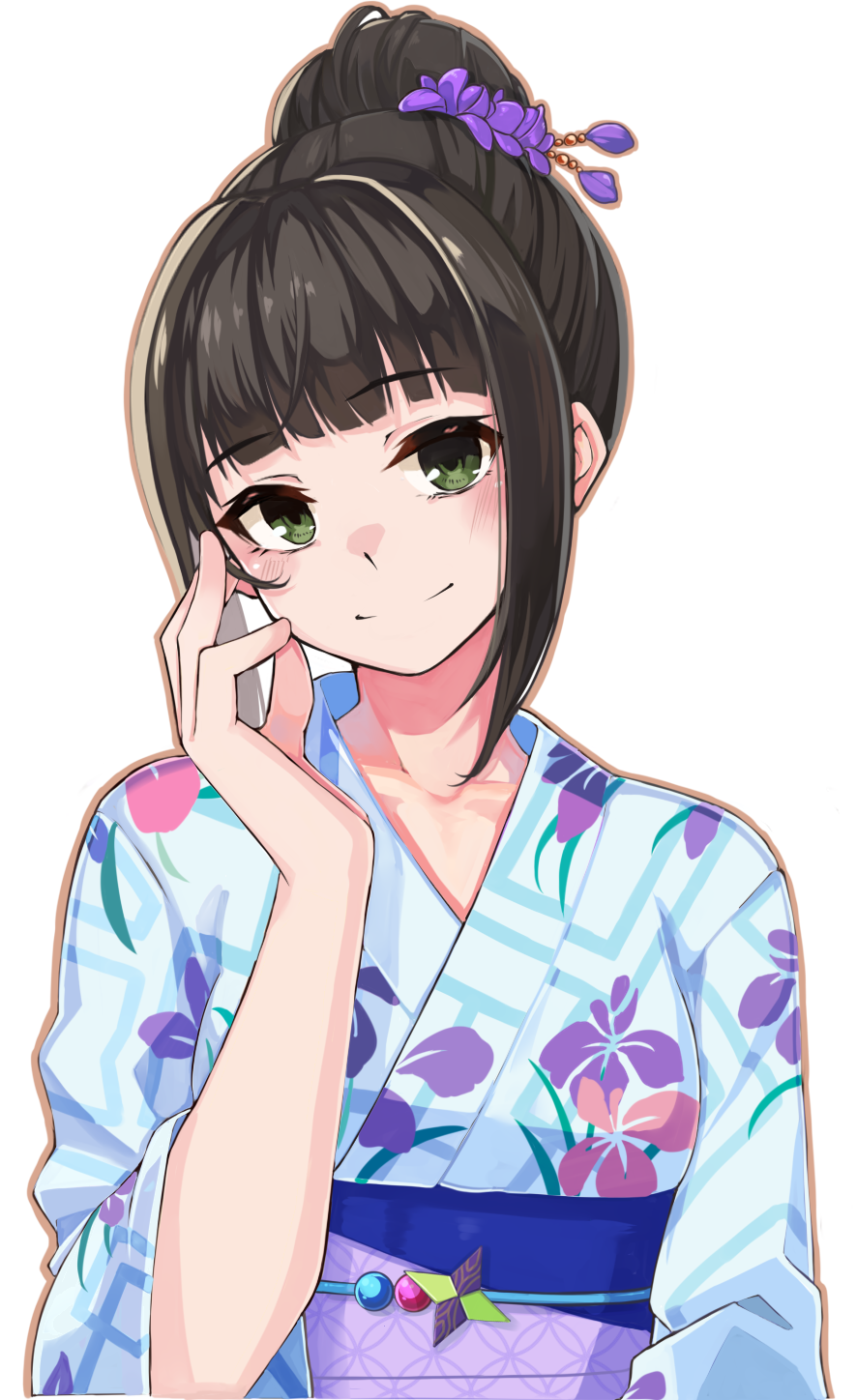 1girl, black_hair, blue_kimono, blunt_bangs, blush, bow, breasts, closed_mouth, collarbone, green_eyes, hair_bow, hair_bun, hamaguchi_ayame, hand_on_own_face, hand_up, highres, idashige_(walkietalkie), idolmaster, idolmaster_cinderella_girls, idolmaster_cinderella_girls_starlight_stage, iris_print, japanese_clothes, kimono, long_hair, long_sleeves, looking_at_viewer, medium_breasts, obi, obijime, print_kimono, purple_bow, sash, shuriken, sidelocks, simple_background, single_hair_bun, smile, solo, two-tone_bow, upper_body, weapon, white_background, wide_sleeves