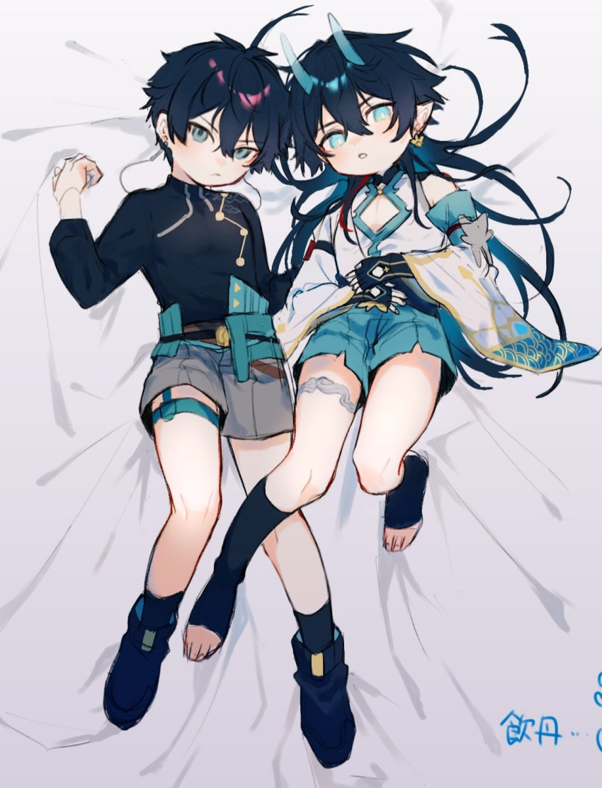 2boys, bed, black_hair, black_shirt, black_socks, chibi, chinese_clothes, closed_mouth, dan_heng_(honkai:_star_rail), dan_heng_(imbibitor_lunae)_(honkai:_star_rail), dragon_boy, dragon_horns, earrings, expressionless, green_eyes, hair_between_eyes, highres, honkai:_star_rail, honkai_(series), horns, jacket, jewelry, long_hair, looking_at_viewer, lying, male_focus, multiple_boys, open_clothes, open_jacket, open_mouth, red_eyeliner, shirt, short_hair, shota, socks, white_jacket, zipper