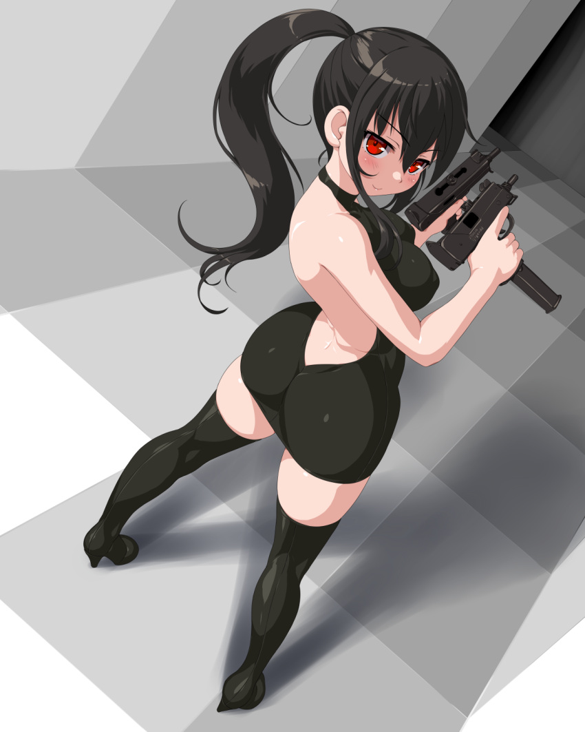 1girl, ass, bare_shoulders, black_dress, black_hair, boots, breasts, dd_(ijigendd)