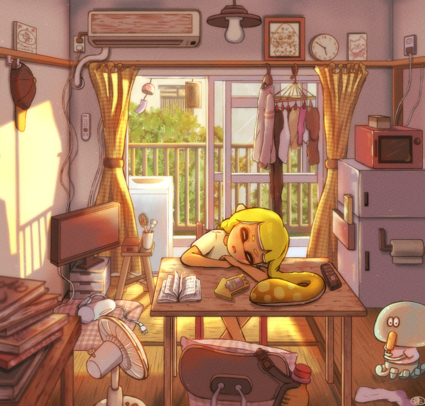 1girl, absurdres, air_conditioner, analog_clock, baseball_cap, black_headwear, blonde_hair, blunt_bangs