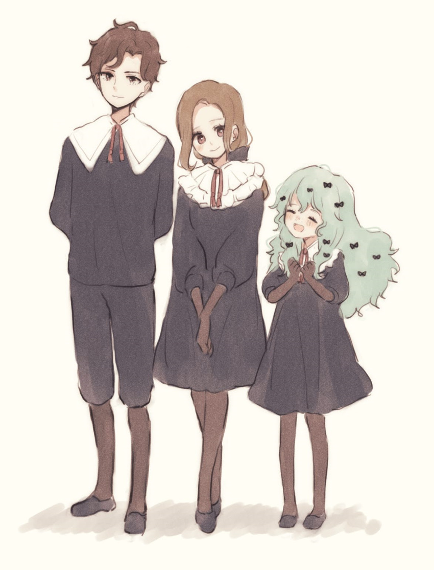 1boy, 2girls, aged_down, anthony_(shadows_house), arms_behind_back, barbie_(shadows_house), black_dress, black_footwear, black_pants, black_shirt, blush, bow, brown_eyes, brown_gloves, brown_pantyhose, brown_socks, closed_eyes, closed_mouth, collared_dress, crossed_legs, dress, freckles, full_body, gloves, green_hair, hair_bow, hands_up, happy, height_difference, highres, kohori, long_hair, long_sleeves, looking_at_viewer, low_ponytail, multiple_girls, neck_ribbon, open_mouth, own_hands_together, pants, pantyhose, parted_bangs, parted_hair, puffy_long_sleeves, puffy_sleeves, red_ribbon, ribbon, rosemary_(shadows_house), shadows_house, shirt, shoes, short_hair, simple_background, smile, socks, uniform, w_arms, white_background