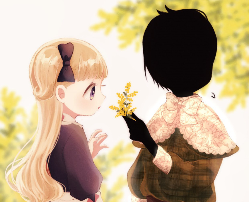 1boy, 1girl, arm_at_side, blue_eyes, blunt_bangs, blurry, bow, bowtie