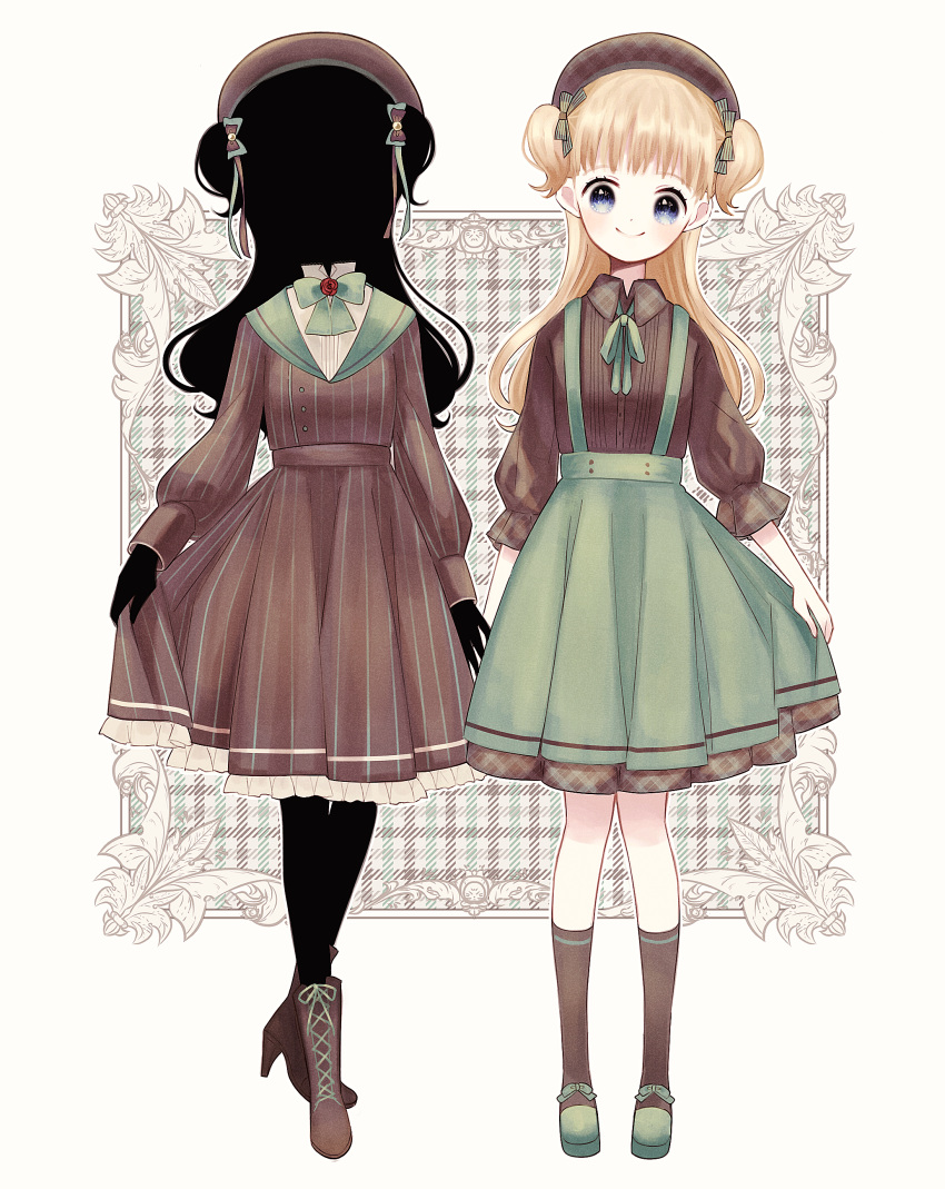 2girls, absurdres, ankle_boots, blonde_hair, blue_eyes, boots, bow, bowtie
