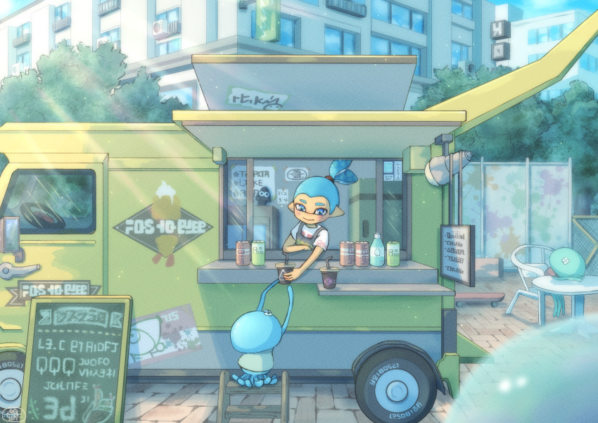 1boy, absurdres, air_conditioner, apron, arms_up, awning, blue_eyes, blue_hair