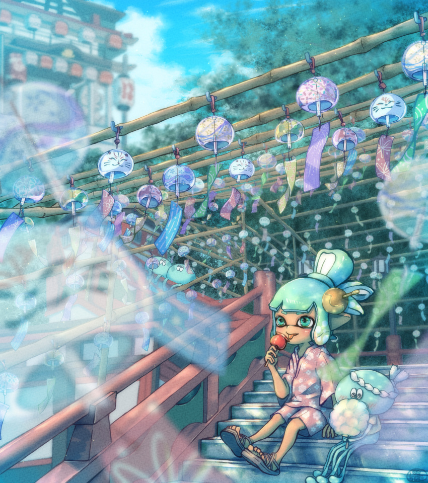 1girl, absurdres, aqua_eyes, aqua_hair, architecture, bamboo, blue_sky, blunt_bangs