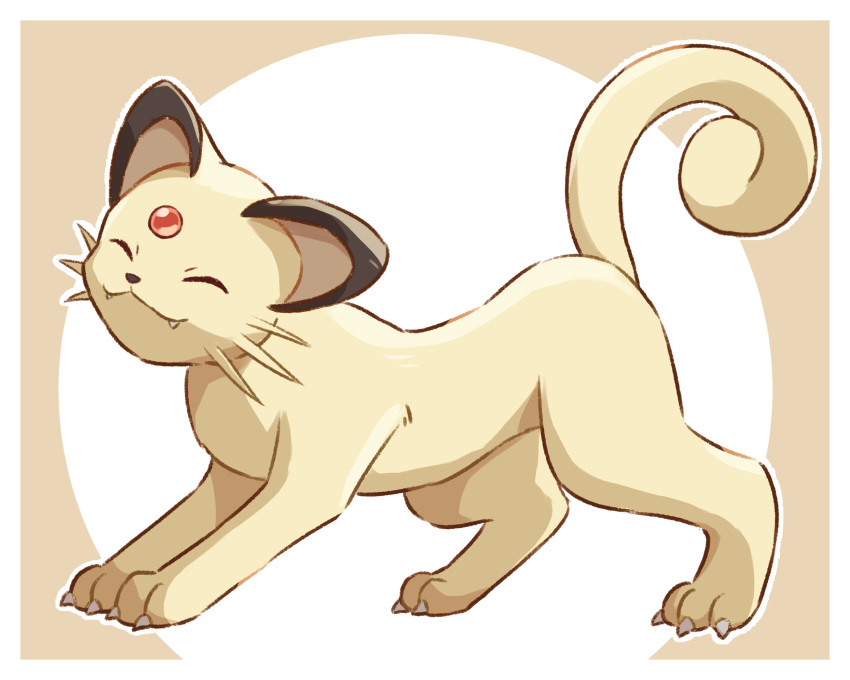 :3, ^_^, animal_focus, border, brown_background, cat, claws, closed_eyes