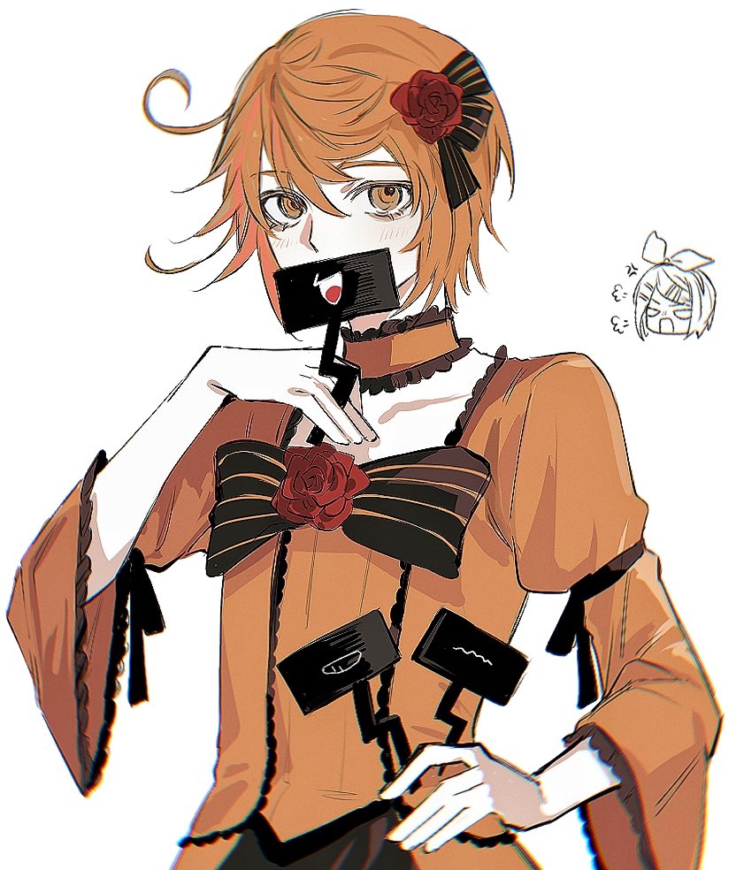 1boy, 1girl, =3, aku_no_musume_(vocaloid), androgynous, bell_sleeves, black_bow, bow