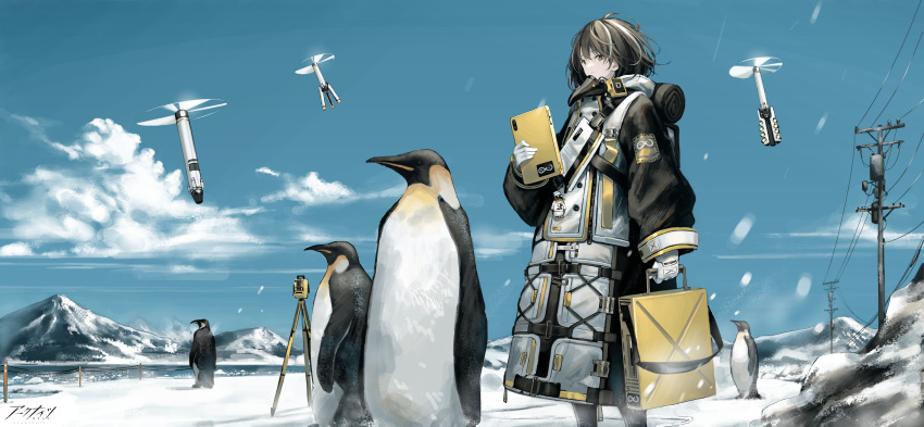 1girl, absurdres, arknights, bird, black_choker, black_pantyhose, briefcase, brown_hair